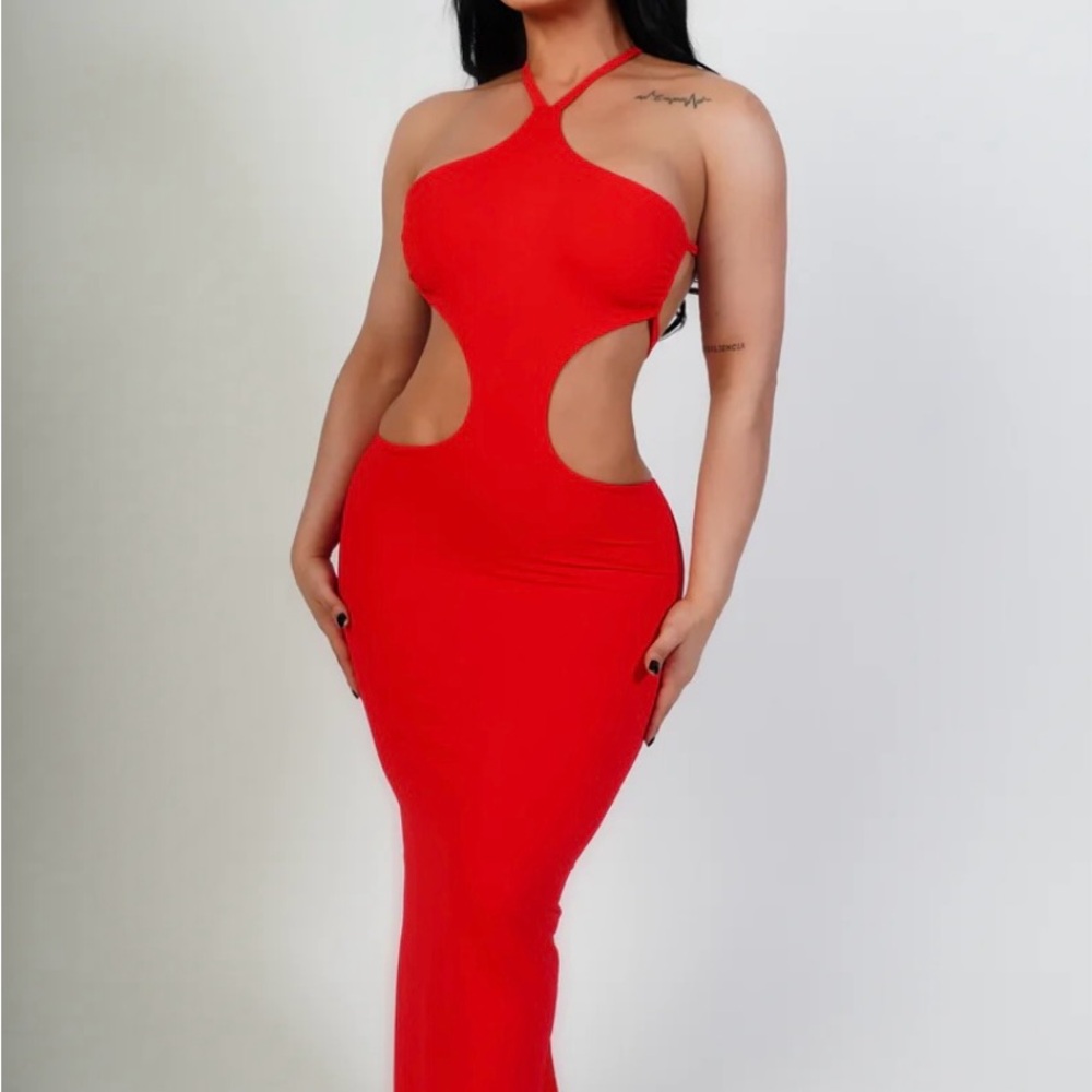 Elegant Red Halter Cutout Dress